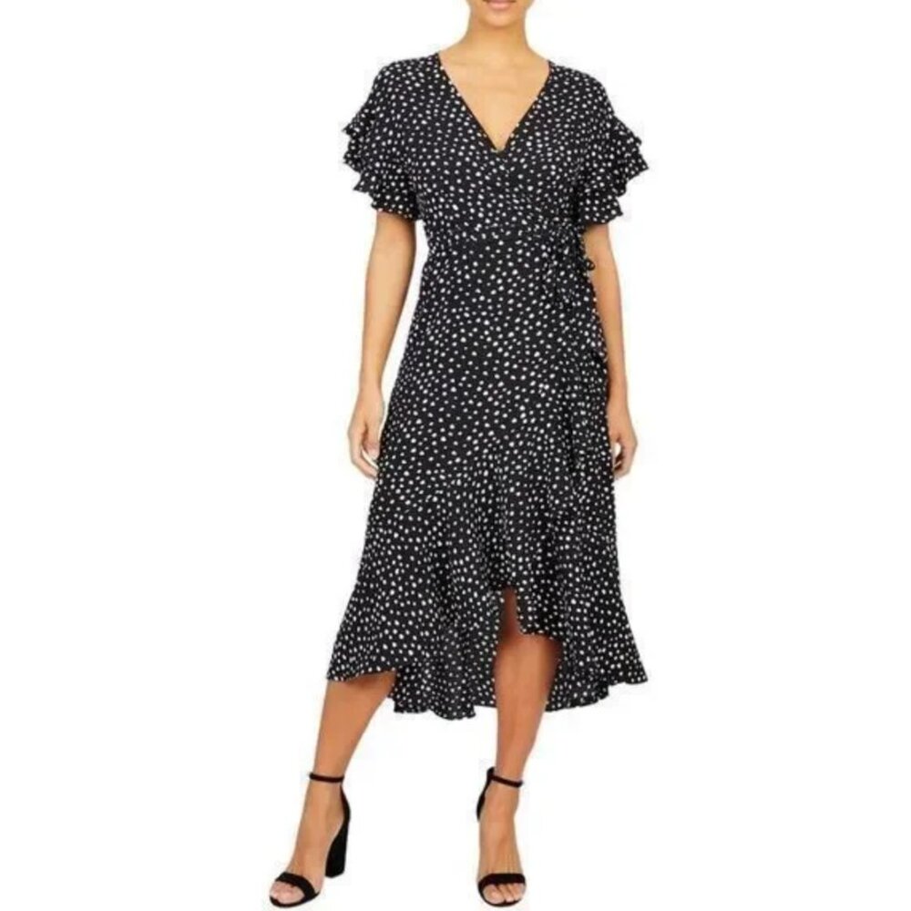 NWT MAX STUDIO Wrap Dress Midi Black Spotted Flutter Sleeve V Neck Tied